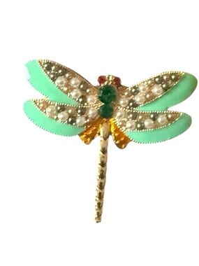 Vintage Mint Enamel and Green Rhinestone Dragonfly Brooch